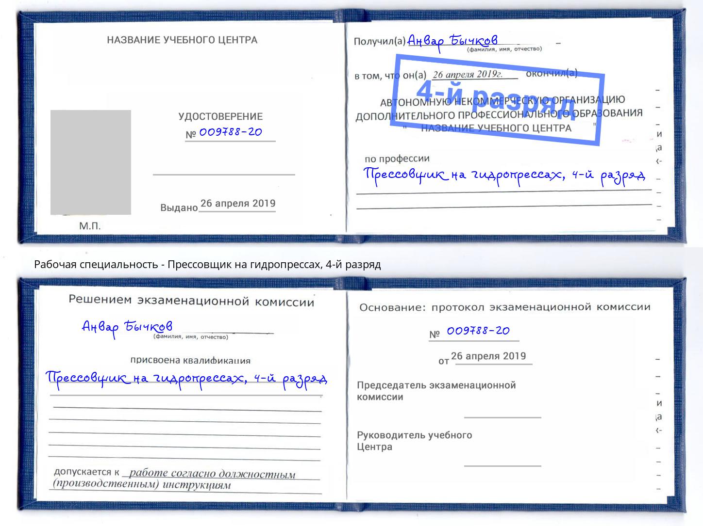 корочка 4-й разряд Прессовщик на гидропрессах Батайск