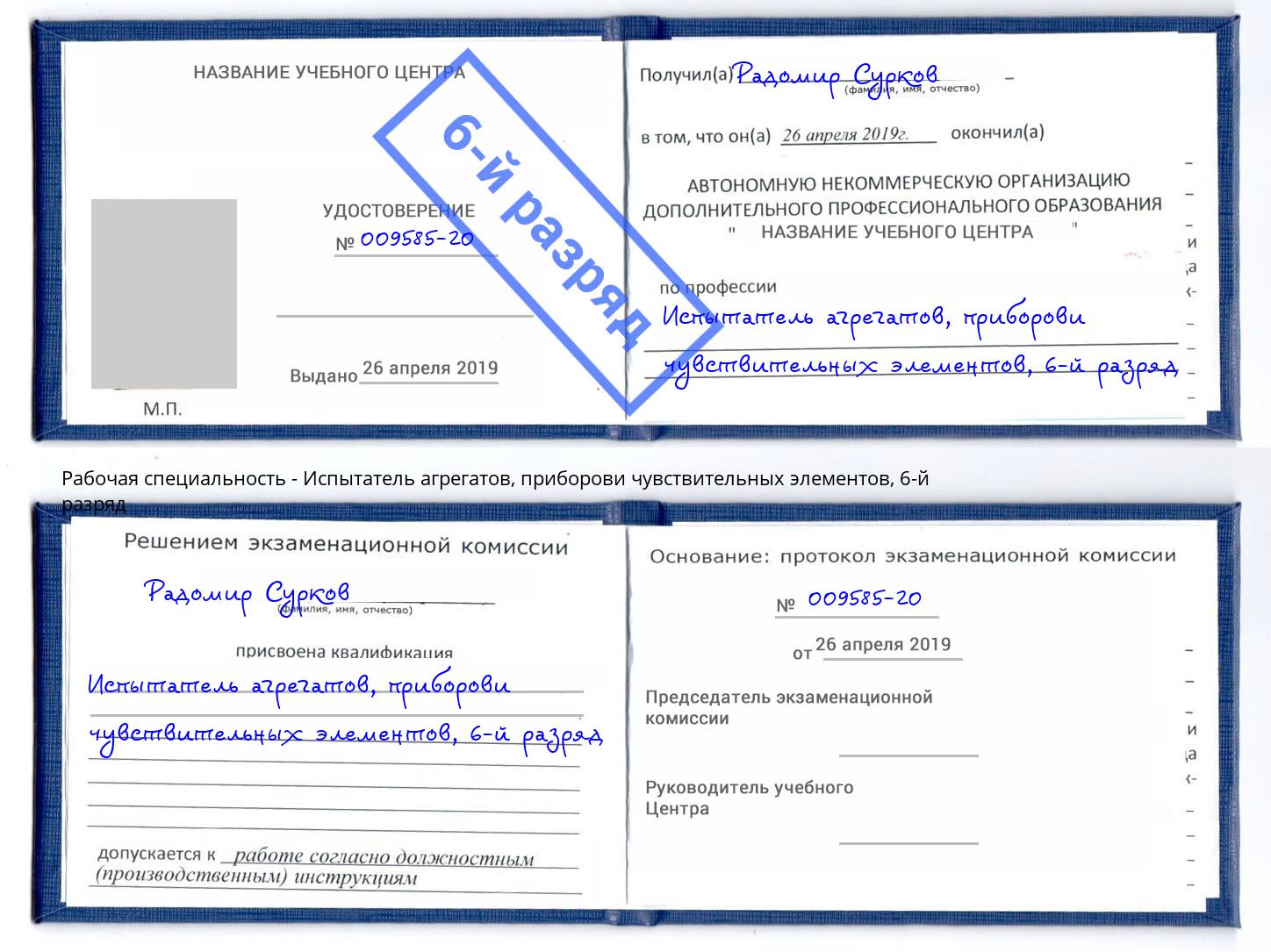 корочка 6-й разряд Испытатель агрегатов, приборови чувствительных элементов Батайск