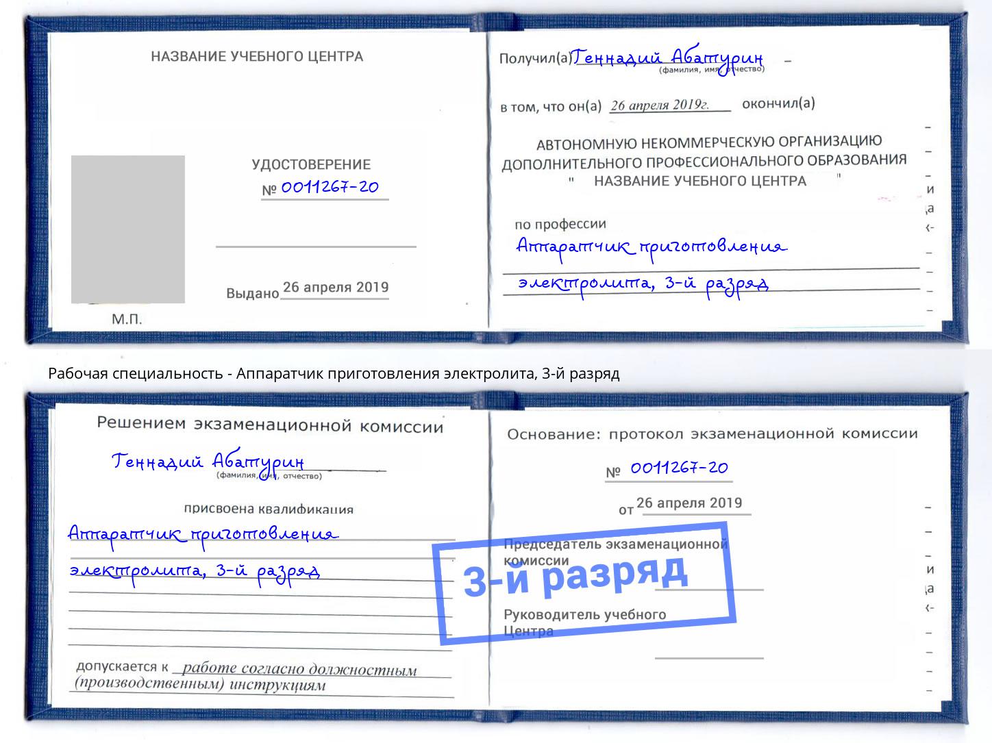 корочка 3-й разряд Аппаратчик приготовления электролита Батайск