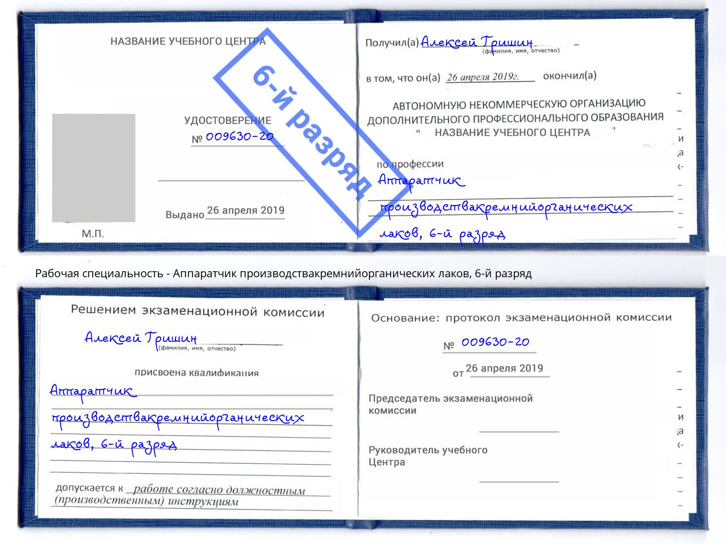 корочка 6-й разряд Аппаратчик производствакремнийорганических лаков Батайск