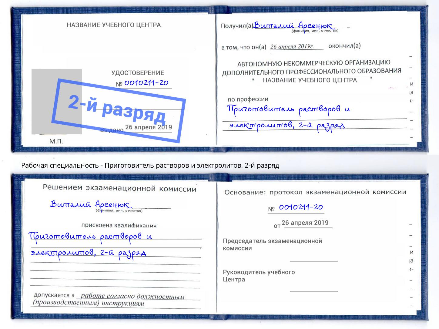 корочка 2-й разряд Приготовитель растворов и электролитов Батайск