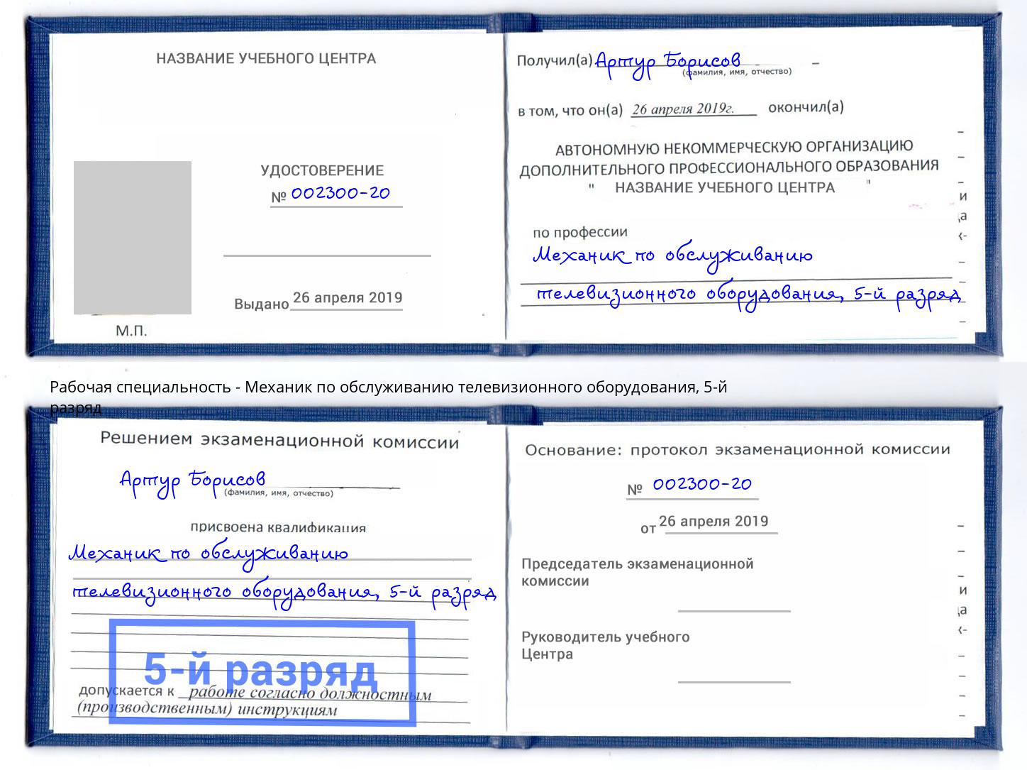 корочка 5-й разряд Механик по обслуживанию телевизионного оборудования Батайск