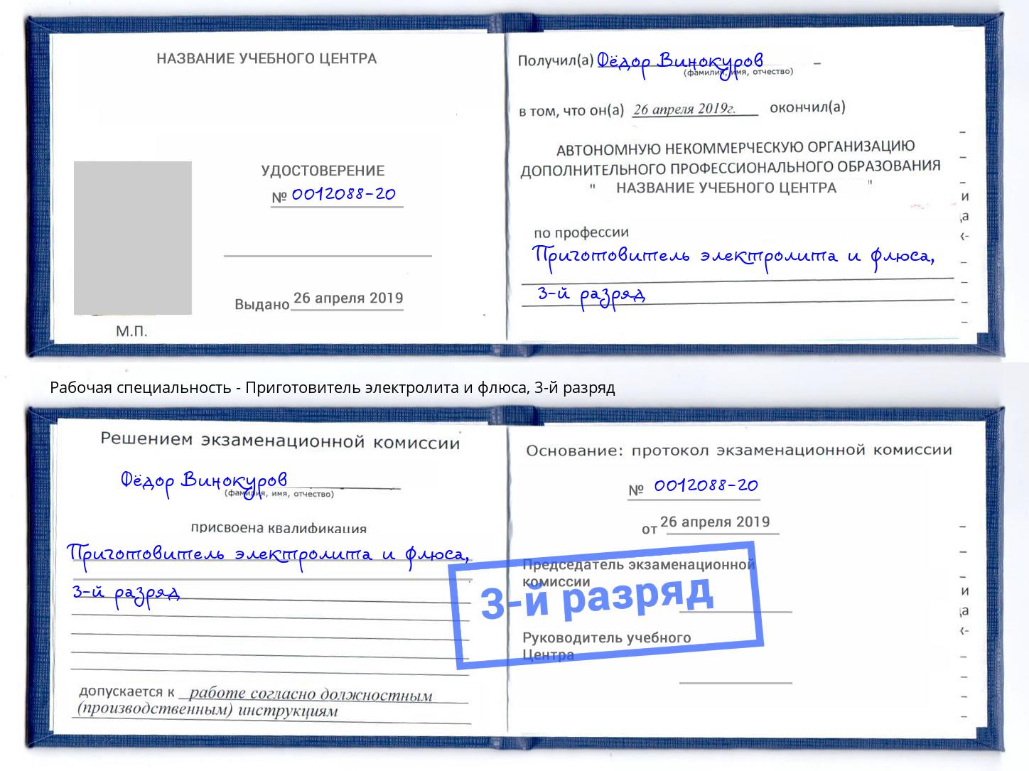 корочка 3-й разряд Приготовитель электролита и флюса Батайск