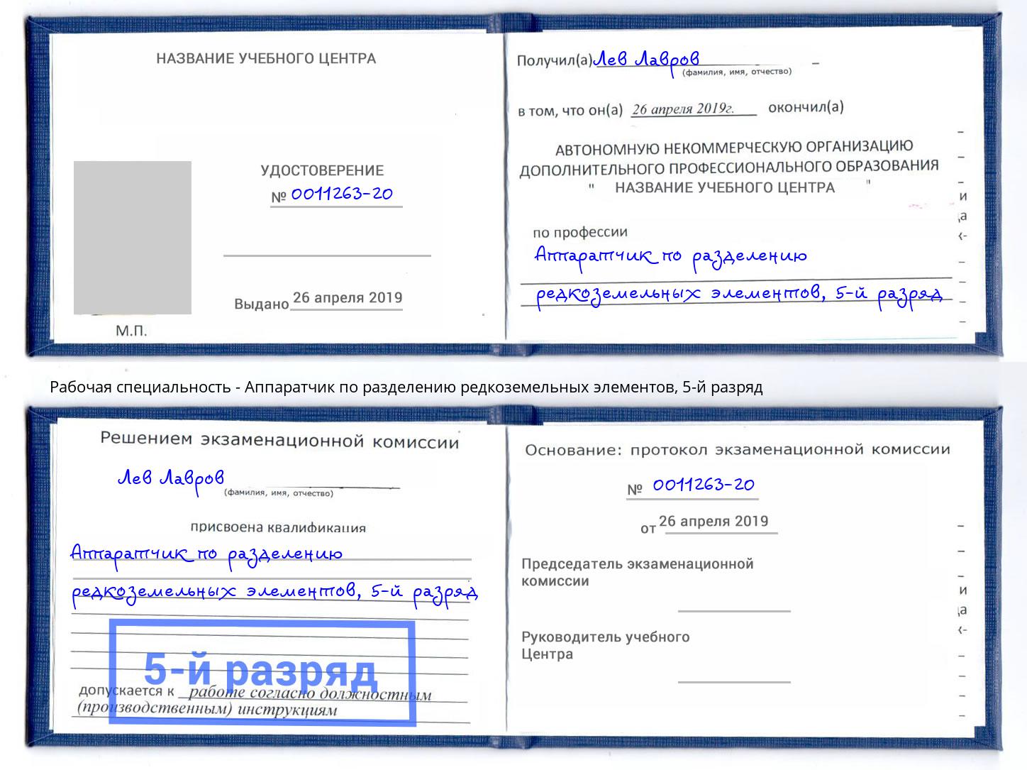 корочка 5-й разряд Аппаратчик по разделению редкоземельных элементов Батайск